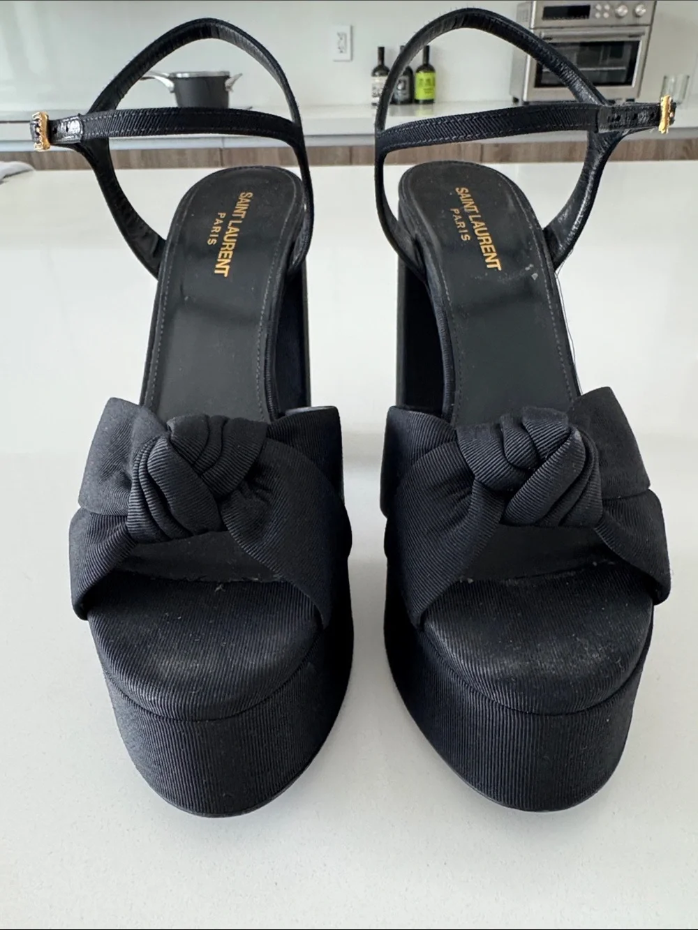 Saint Laurent Black Knotted Platform Heels with Gold Buckles